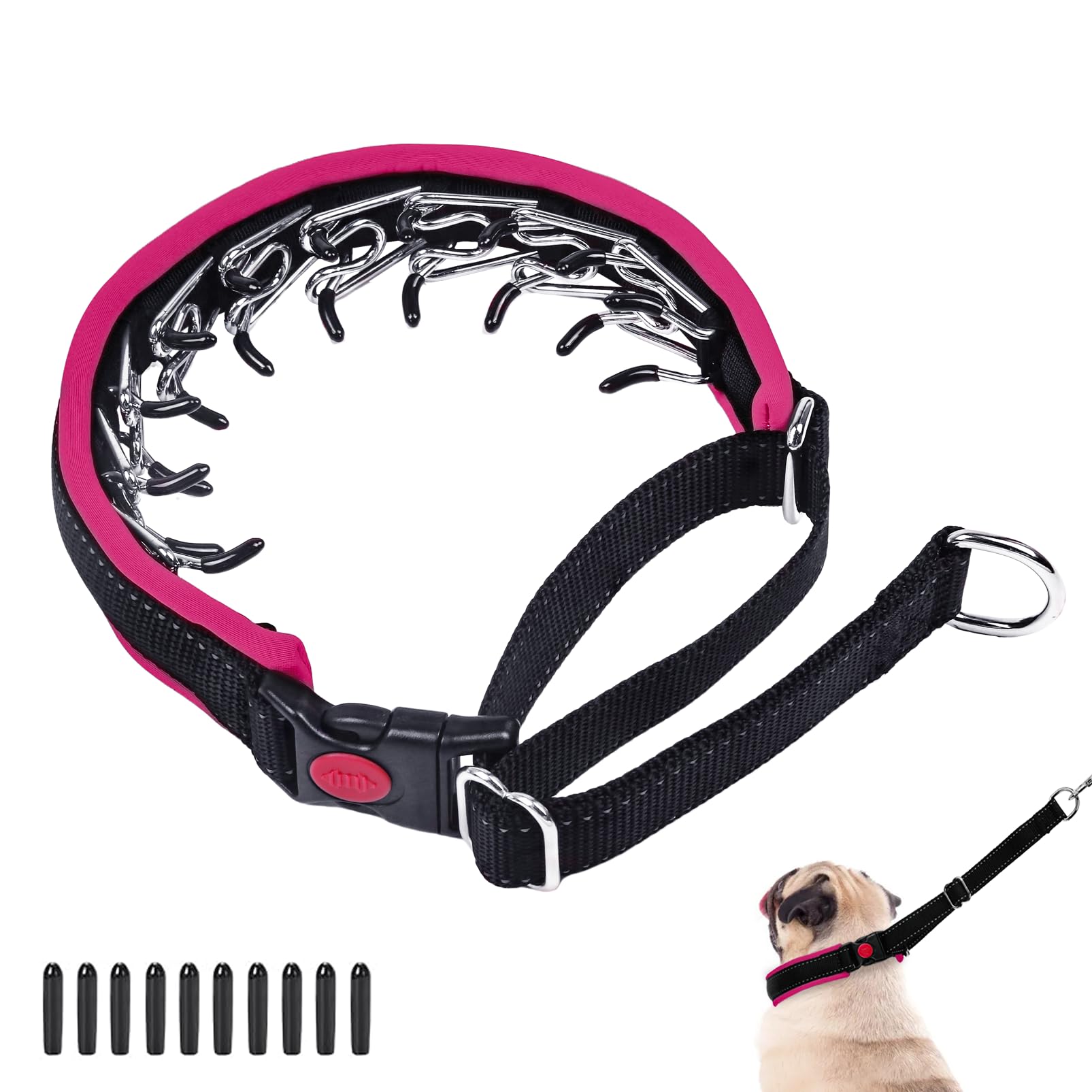 Monstoyo Martingale collar closeup highlights durable nylon and secure safety buckle for training.