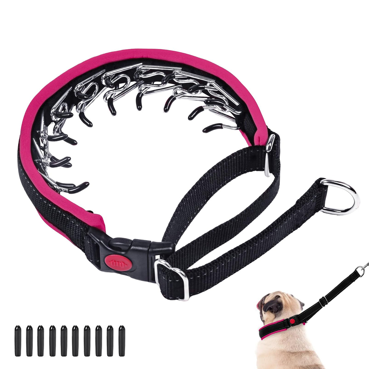 Monstoyo Martingale collar closeup highlights durable nylon and secure safety buckle for training.