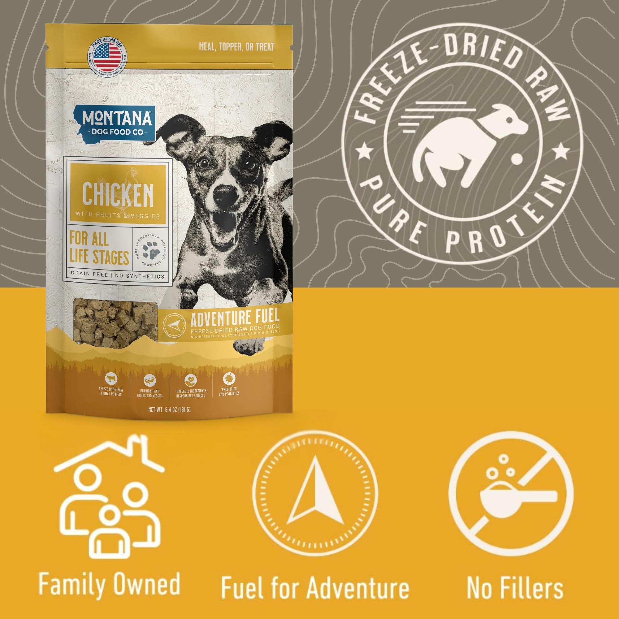 Montana Dog Food Co active-dogs bowl image conveys energy-supporting protein in meals.