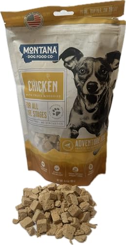 Montana Dog Food Co chicken chunks close-up highlights high-protein texture for active dogs.