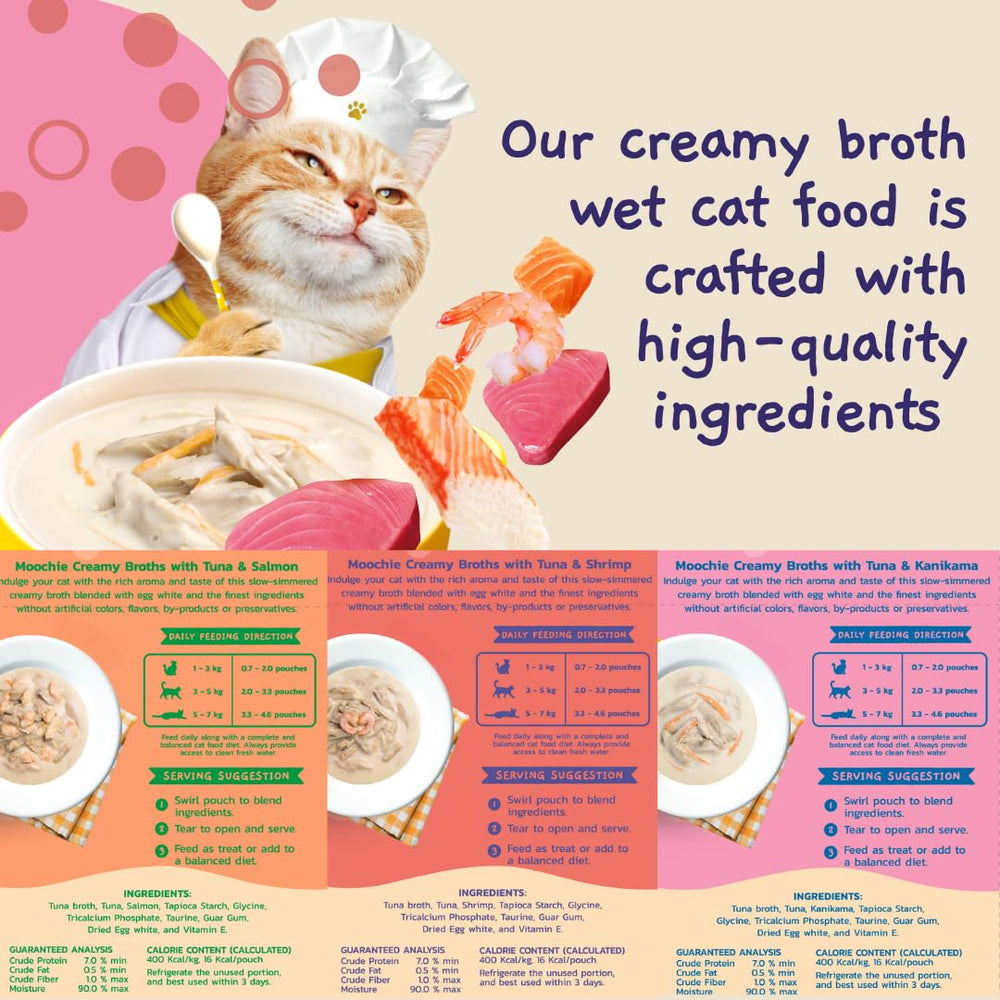 MOOCHIE grain-free creamy seafood broth with kanikama—poured over dry cat food for flavor.