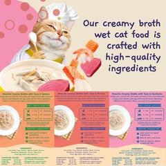 MOOCHIE grain-free creamy seafood broth with kanikama—poured over dry cat food for flavor.