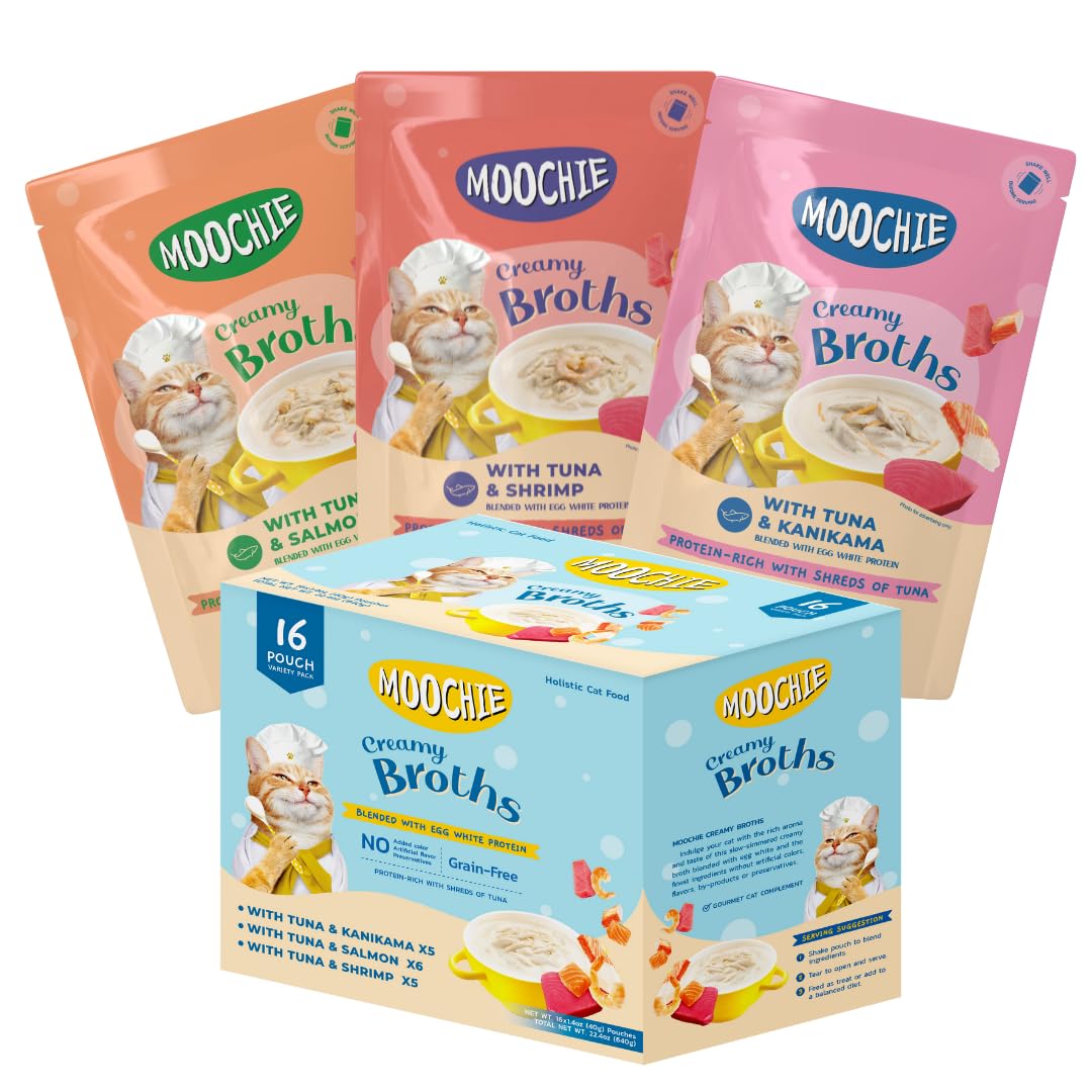 MOOCHIE grain-free creamy seafood broth with real salmon and shrimp—hydration boost in a pouch.