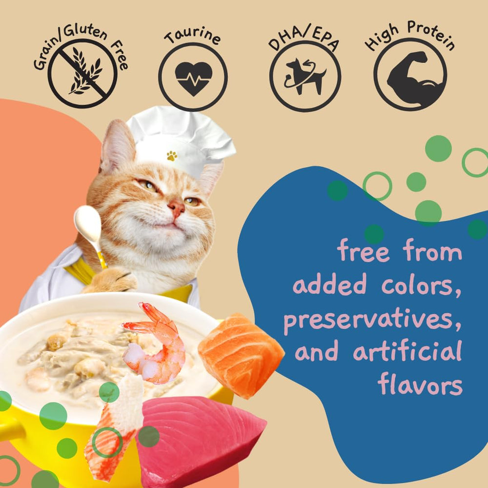 MOOCHIE shrimp and kanikama broth served in a cat-friendly bowl for tasting.