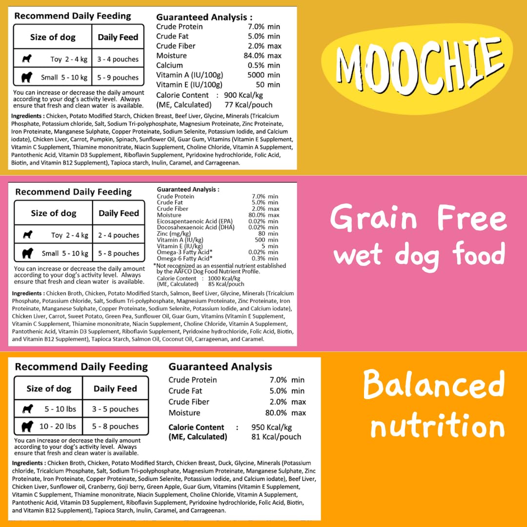 MOOCHIE chicken liver flavor pouch with prebiotics for digestive care.
