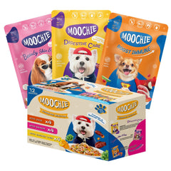MOOCHIE duck flavor pouch showing rich protein for active dogs and tasty meals.