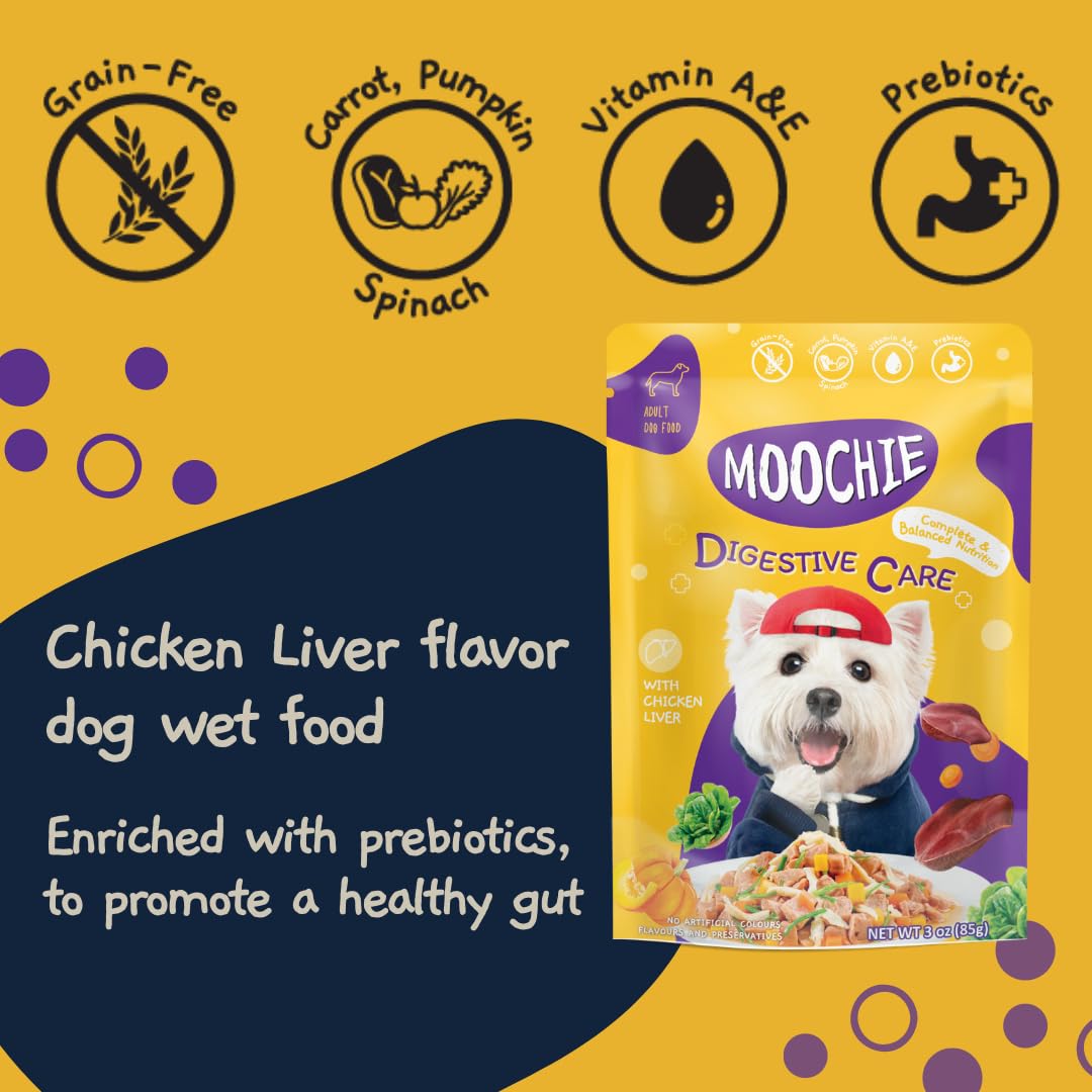 MOOCHIE grain-free ingredients pouch ideal for sensitive stomachs.