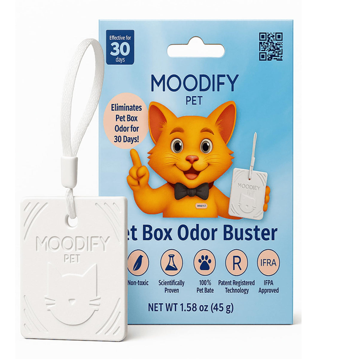 MoodifyPet litter box pendant provides continuous odor control near the box.