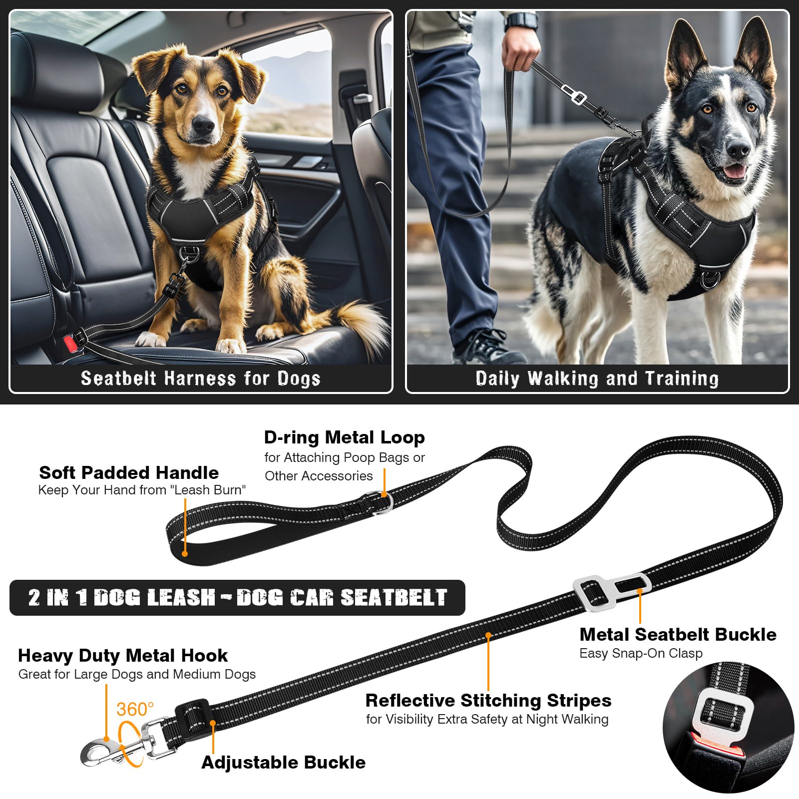 MOOGROU 2-in-1 leash demonstrates rotating clip and car seat belt conversion