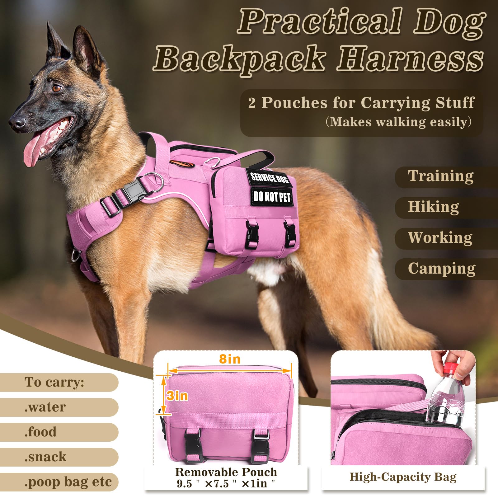 MOOGROU pink service dog vest shows removable backpack for hiking gear.