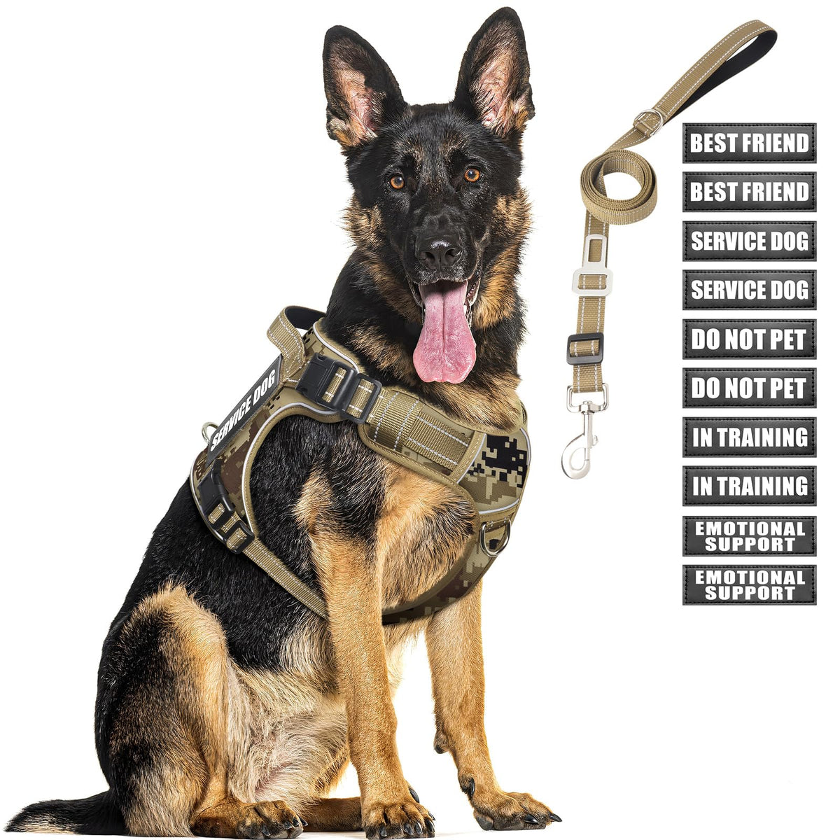 MOOGROU tactical dog harness front view shows secure fit for large breeds during walks