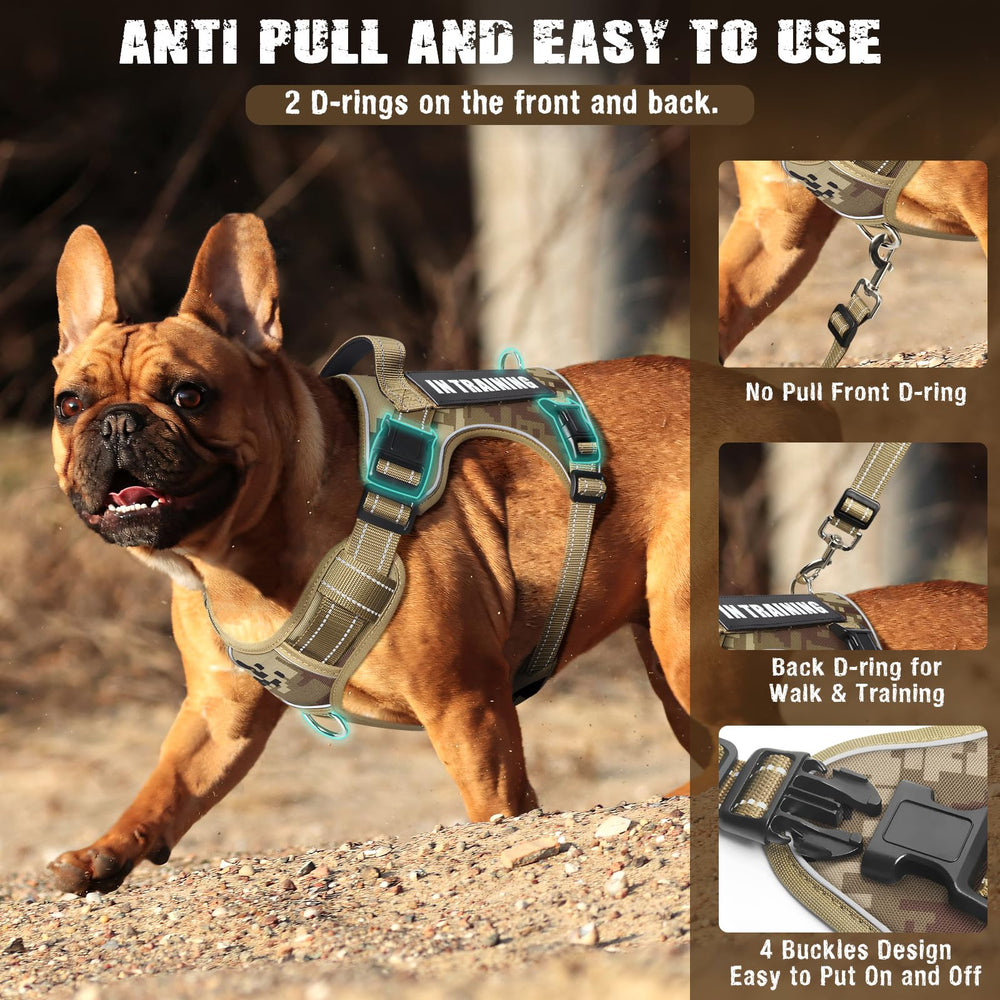 MOOGROU tactical dog harness leash combo showing 360° rotating clip for tangle-free control.