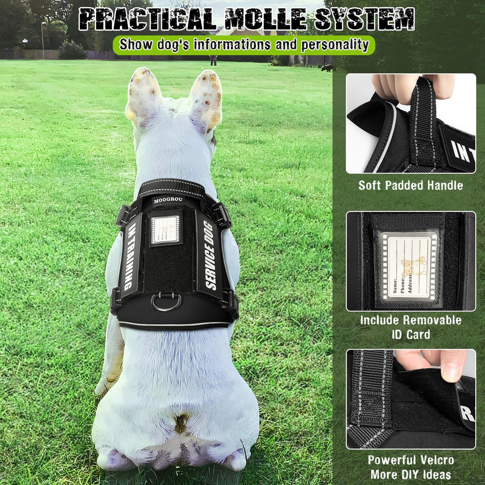 MOOGROU tactical dog harness side view highlights adjustable fit and quick-release buckles