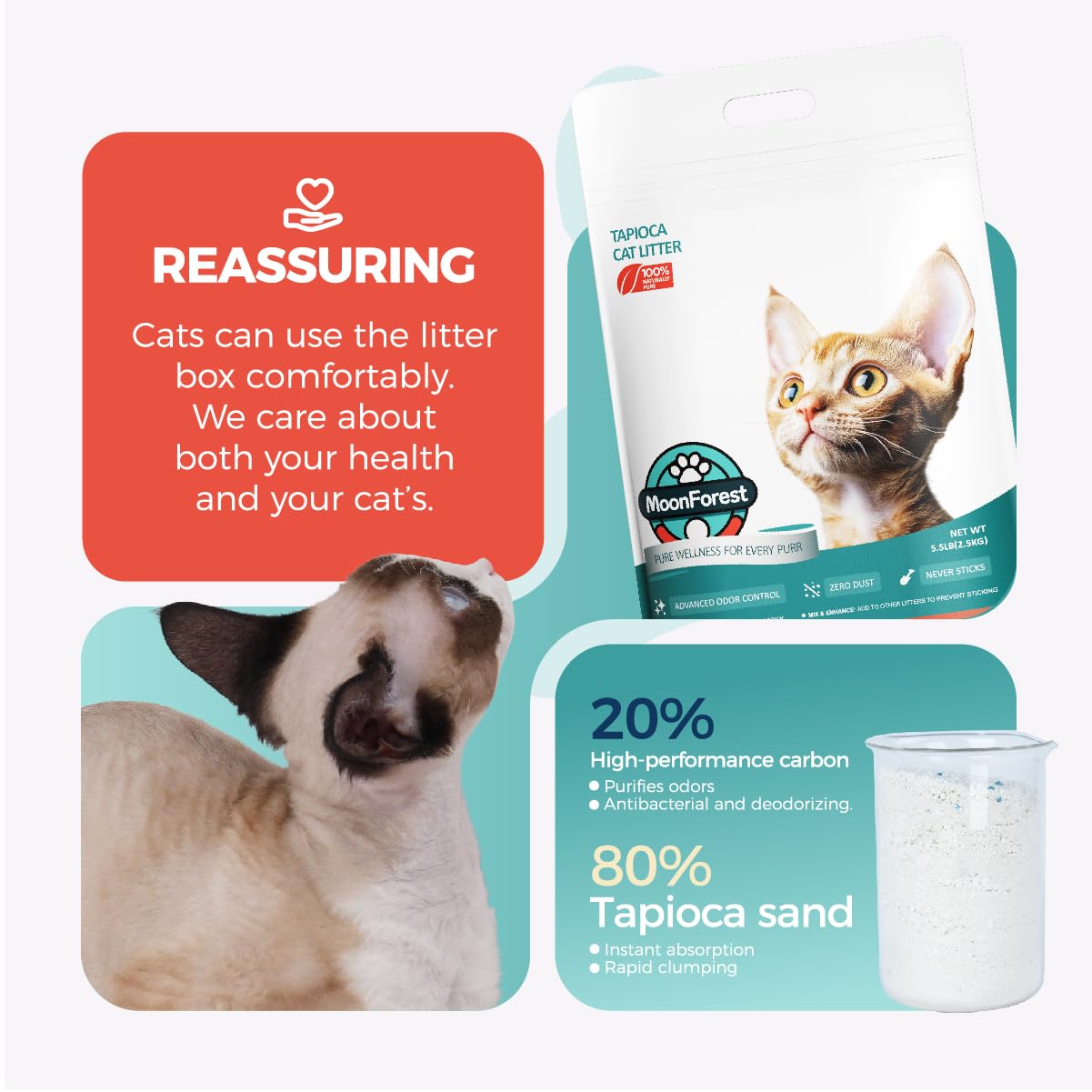 MOONFOREST Tapioca Cat Litter odor-control carbon neutralizes smells.