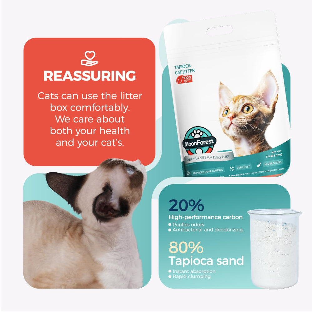MOONFOREST Tapioca Cat Litter odor-control carbon neutralizes smells.