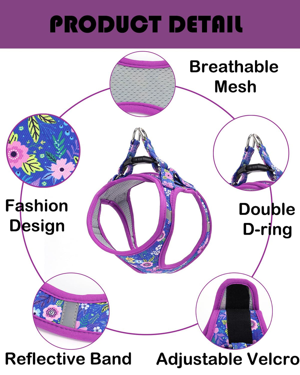 Moonpet Step-In Harness dark flower back view reveals dual D-rings for secure control.