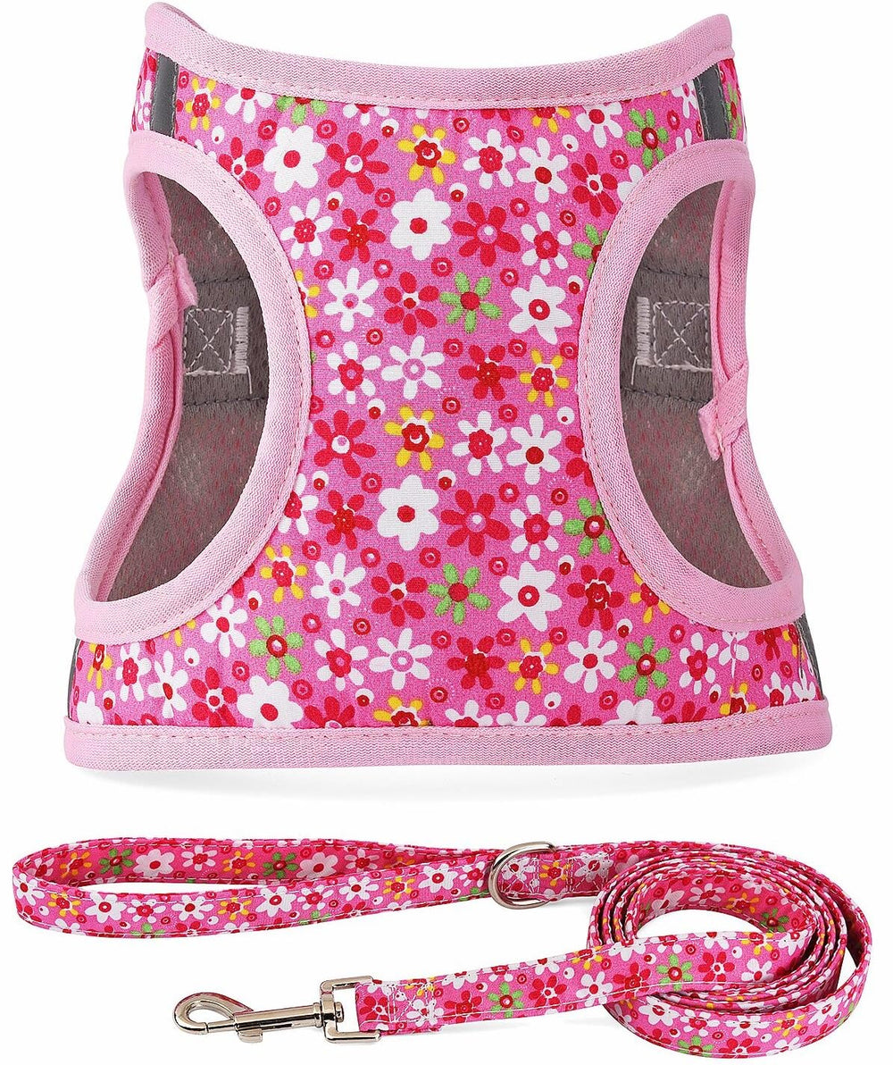 Moonpet Step-In Harness front view in pink flower for comfy daily walks.