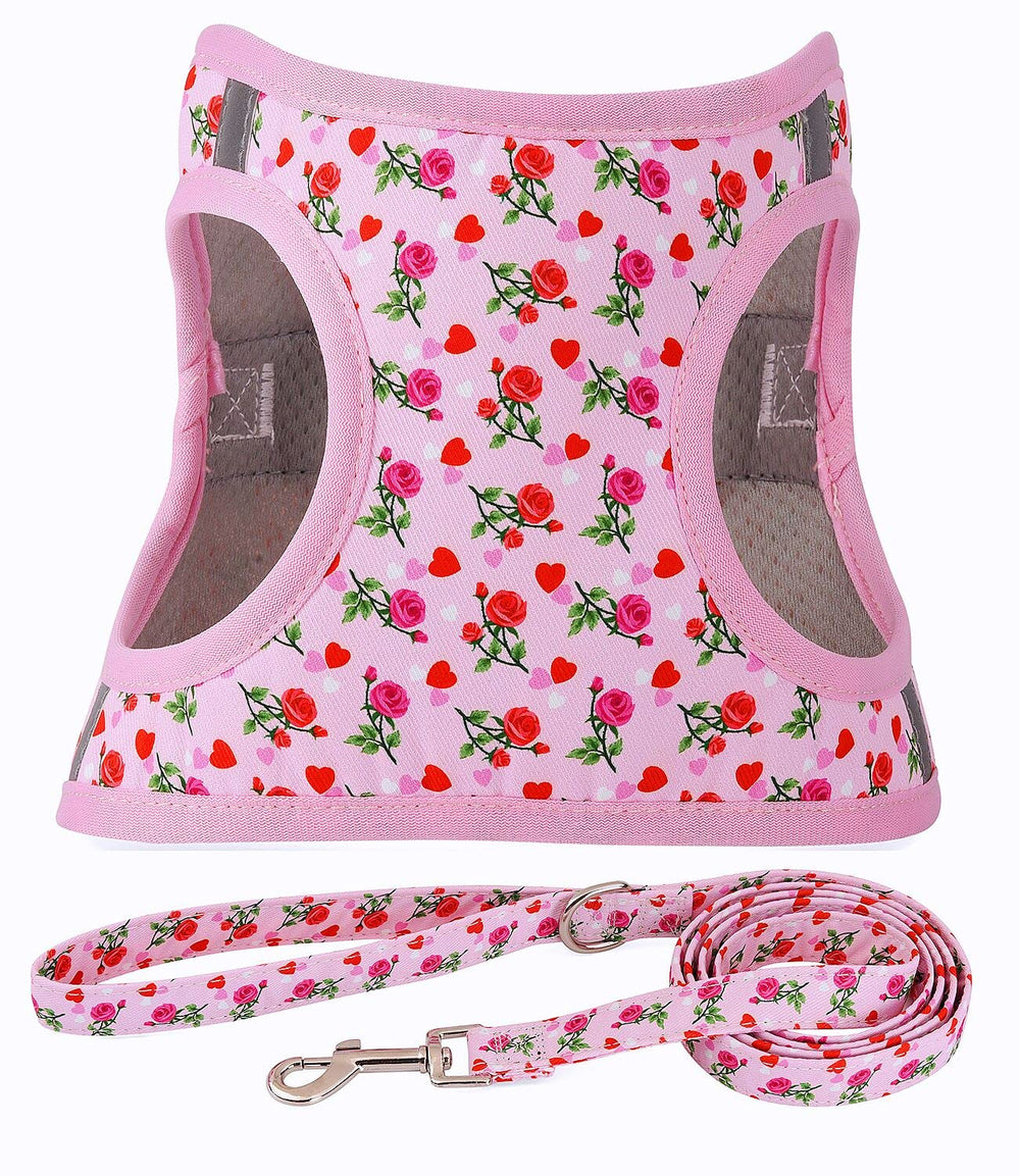 Moonpet step-in valentines harness front view showing floral pattern for stylish walks.