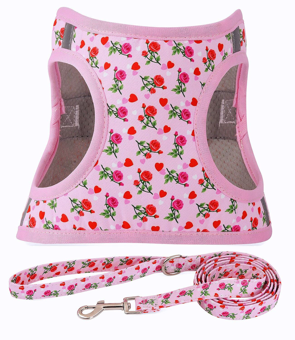 Moonpet step-in valentines harness front view showing floral pattern for stylish walks.