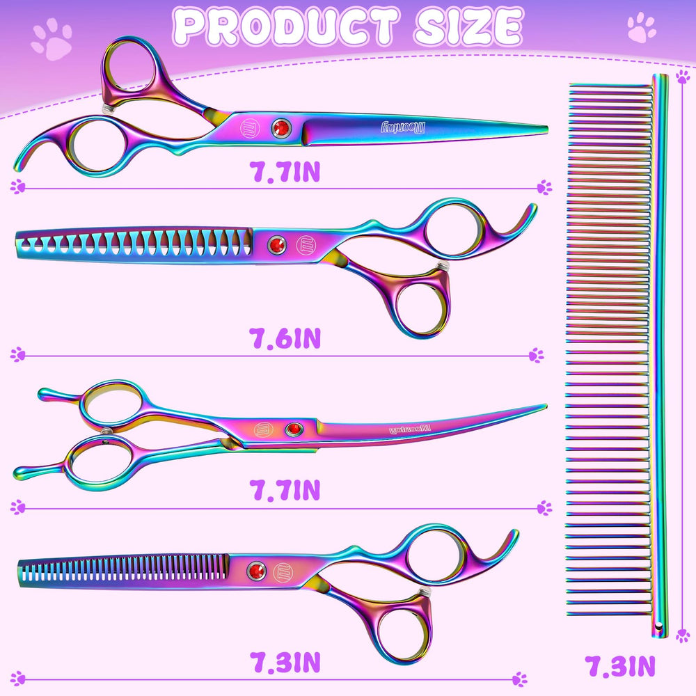Moontay ergonomic offset-handle dog grooming scissors 7inch closeup reducing hand strain.