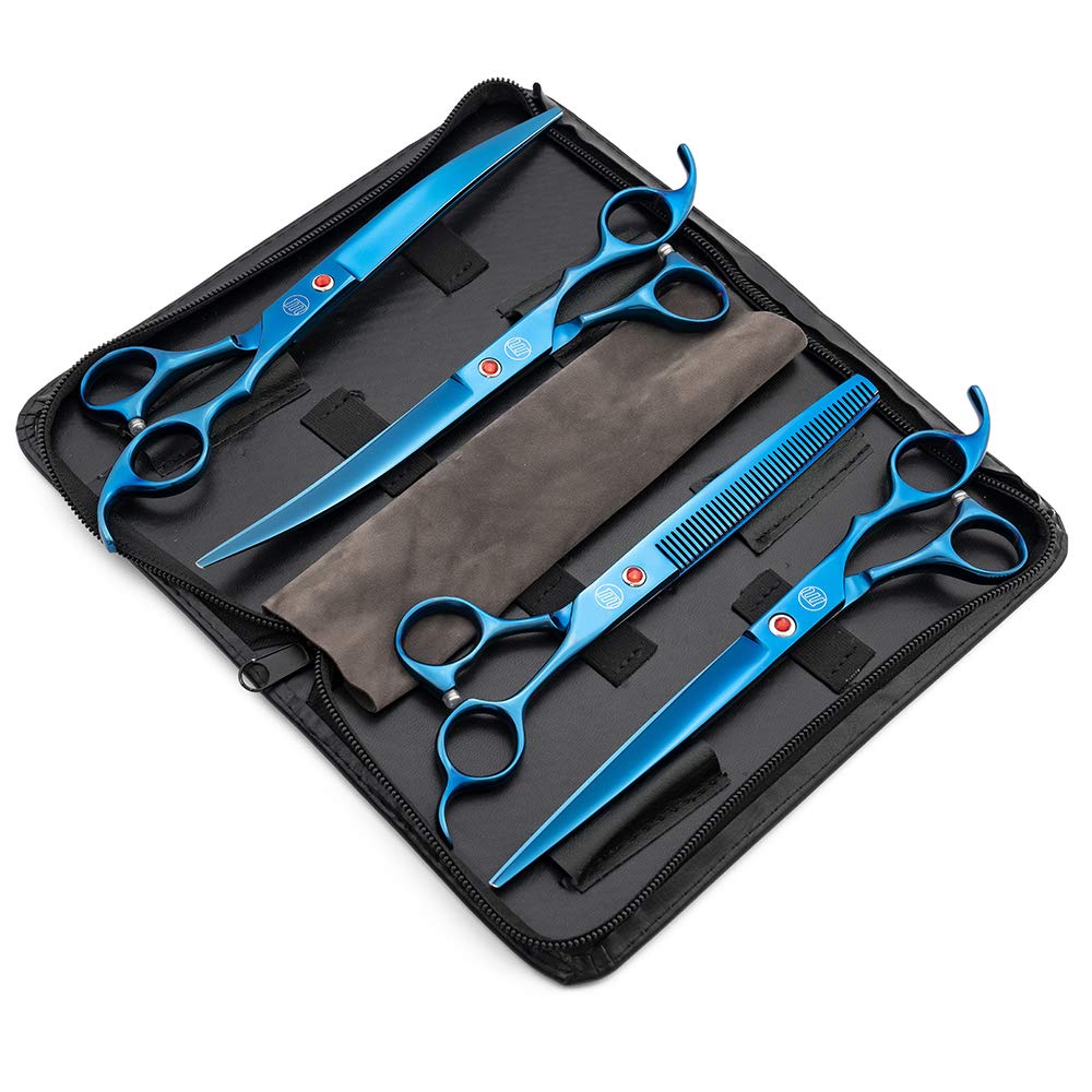 Moontay dog upward-curved scissors 8in ease around ears for gentle, accurate shaping.