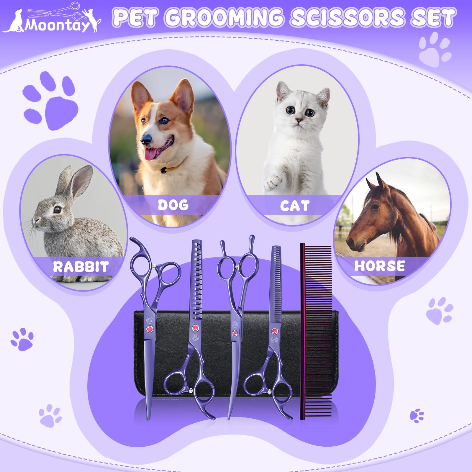 Moontay handmade quiet grooming scissors provide calm grooming for sensitive pets