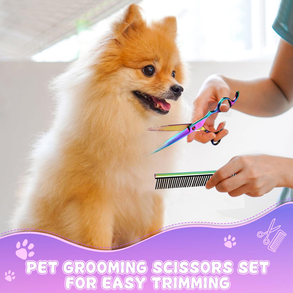 Moontay professional dog grooming scissors 7inch curved closeup for around head and facial trim.