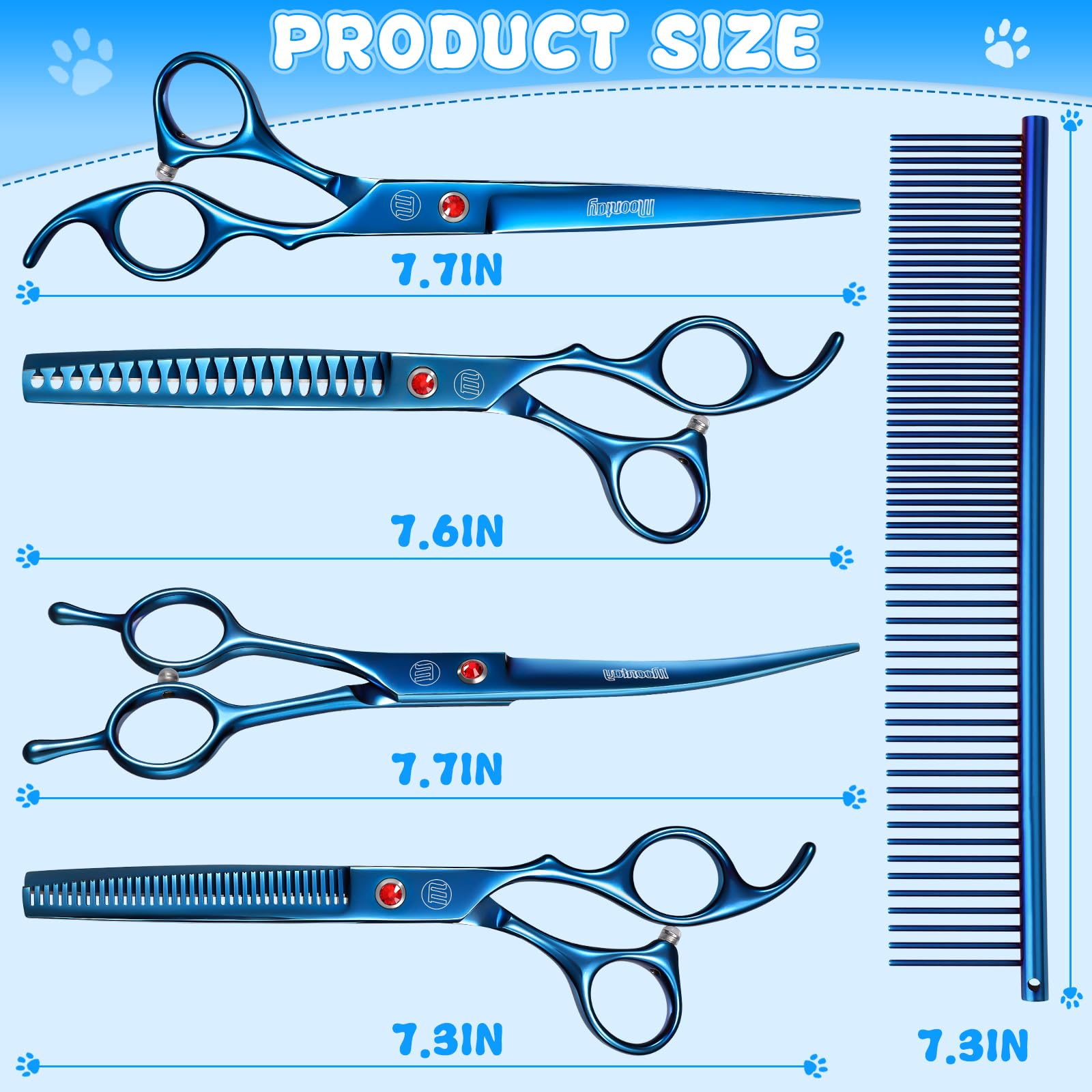 Moontay 8-inch grooming scissors providing extended reach for larger breeds
