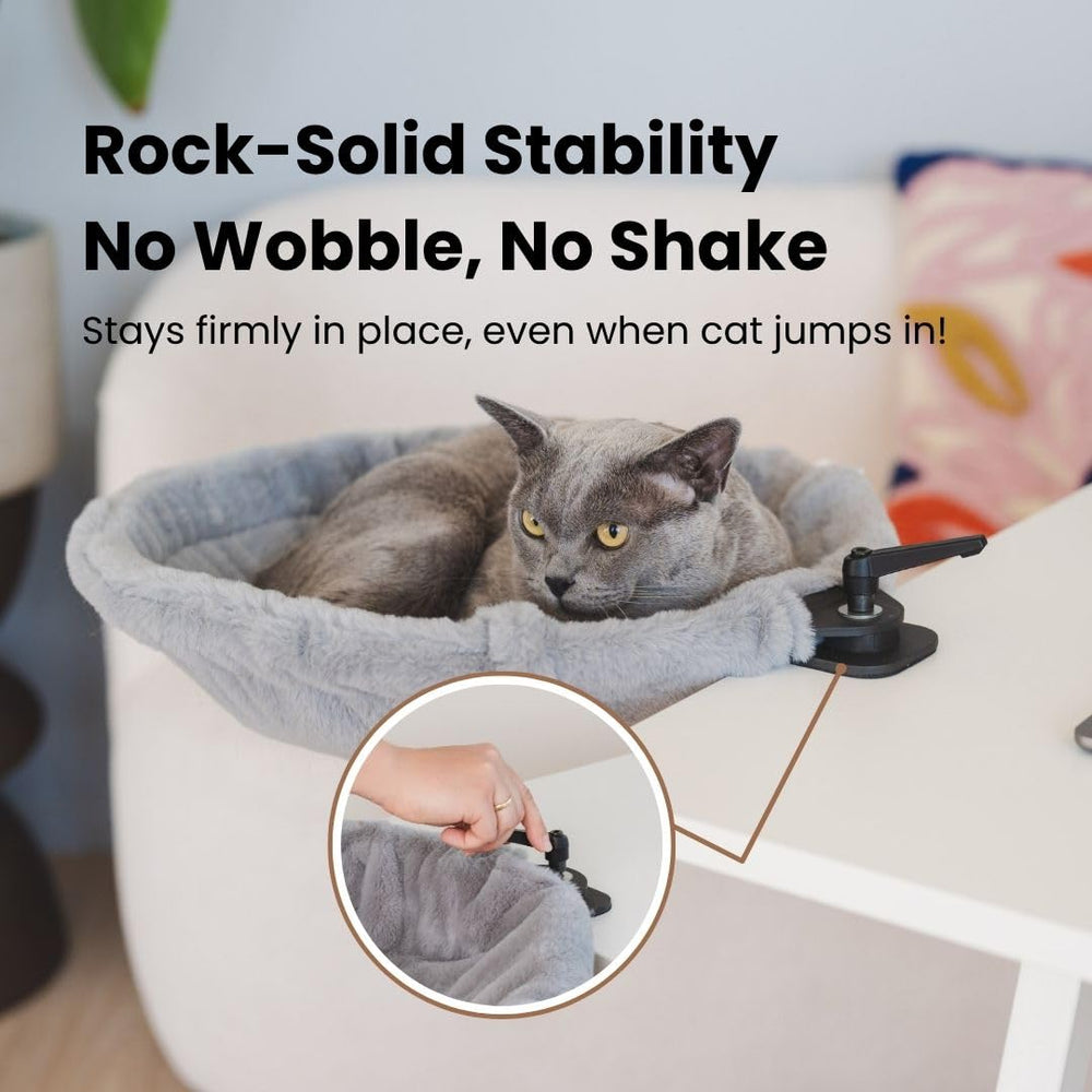 Moose Cozy Cat Desk Bed rotating hammock offers varied views for curious cats.