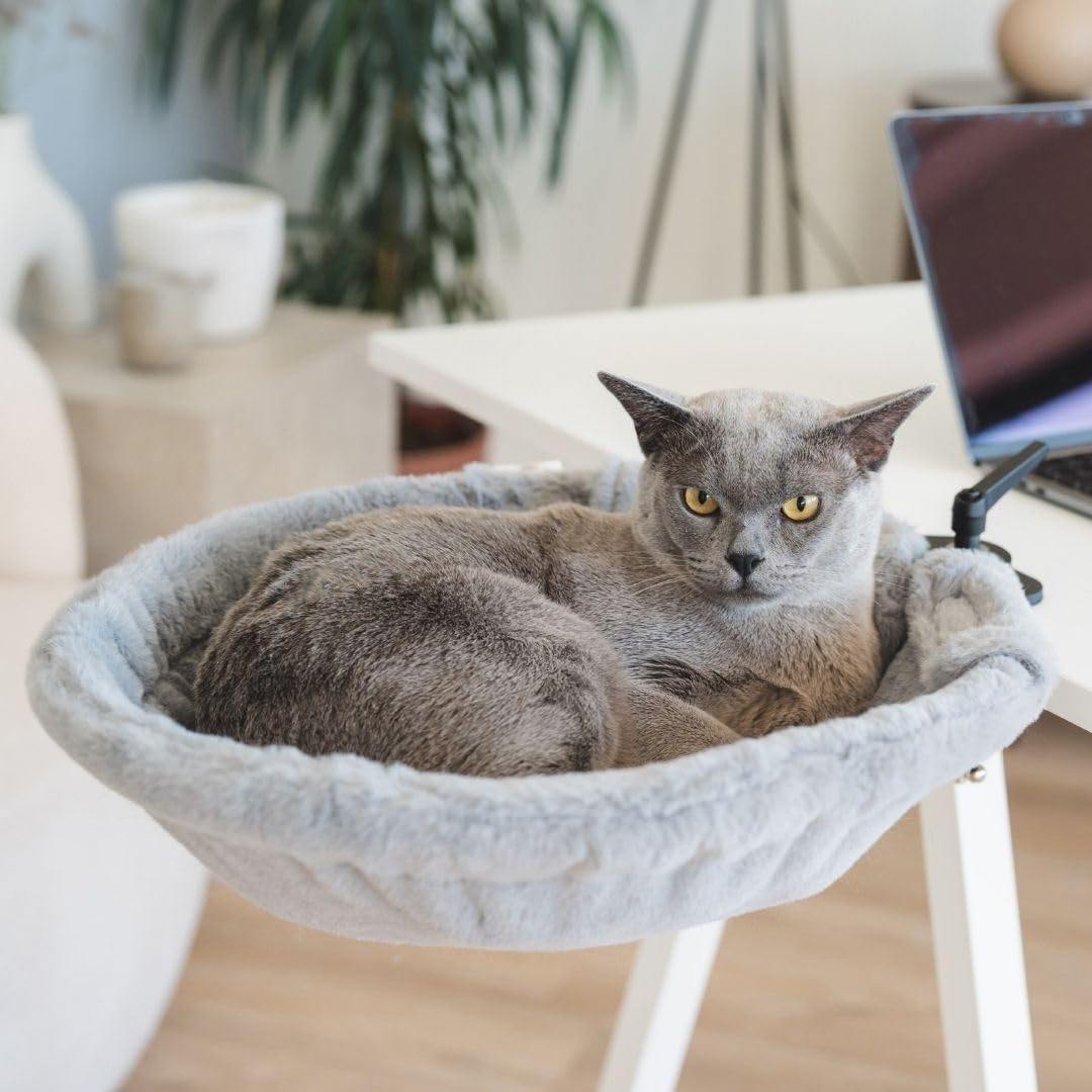 Moose Cozy Cat Desk Bed with stable clamp keeps cat secure during work.