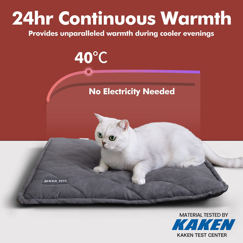 Mora Pets self-heating bed provides continuous warmth for restful naps.