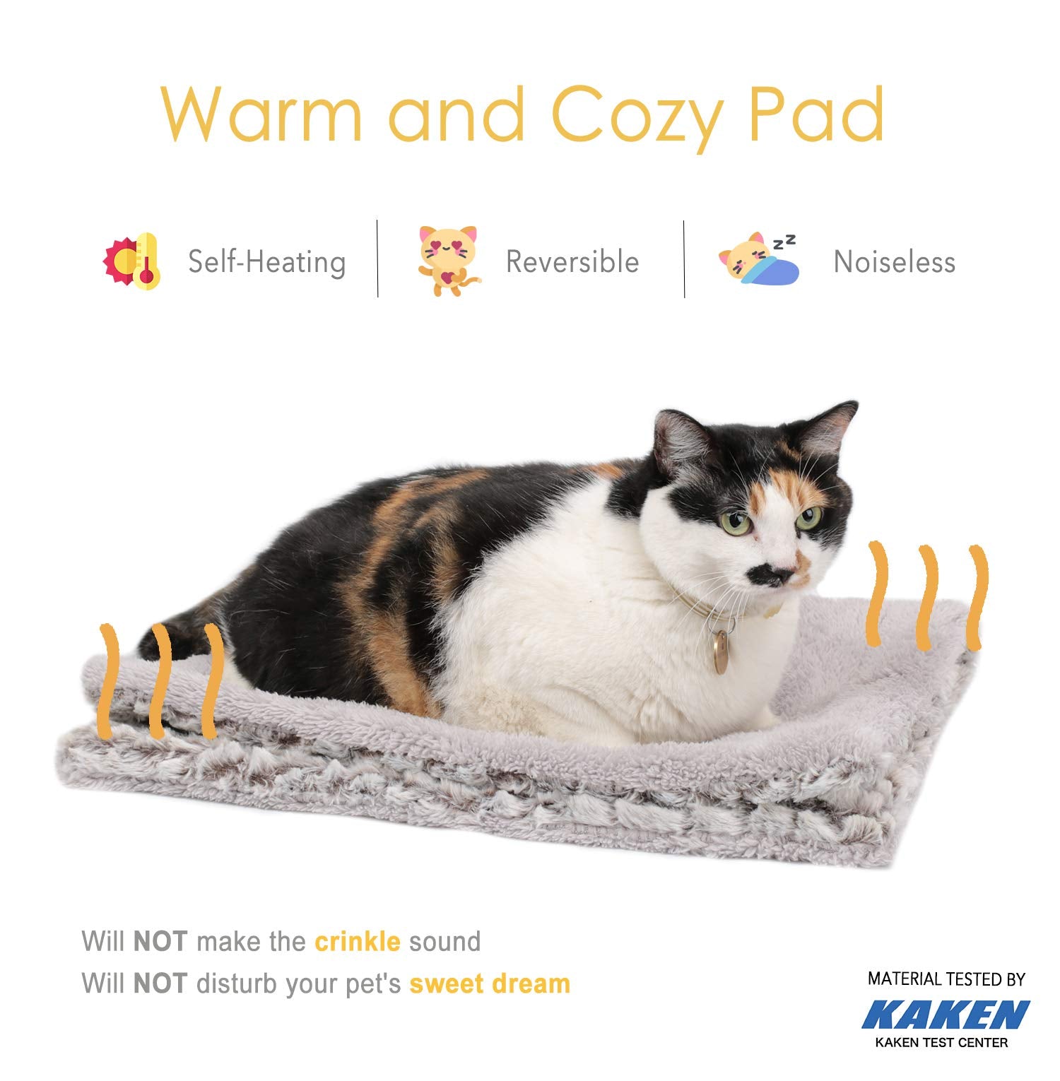 Mora Pets self-heating pad material detail highlights heat-reflecting layers for safe warmth.