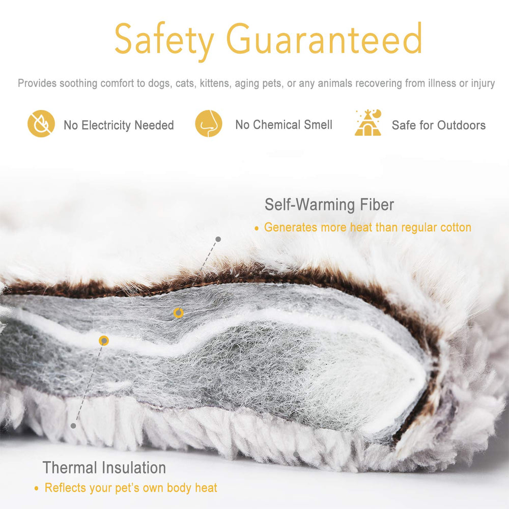 Mora Pets self-heating cat pad reversible sides show two plush sleeping surfaces.