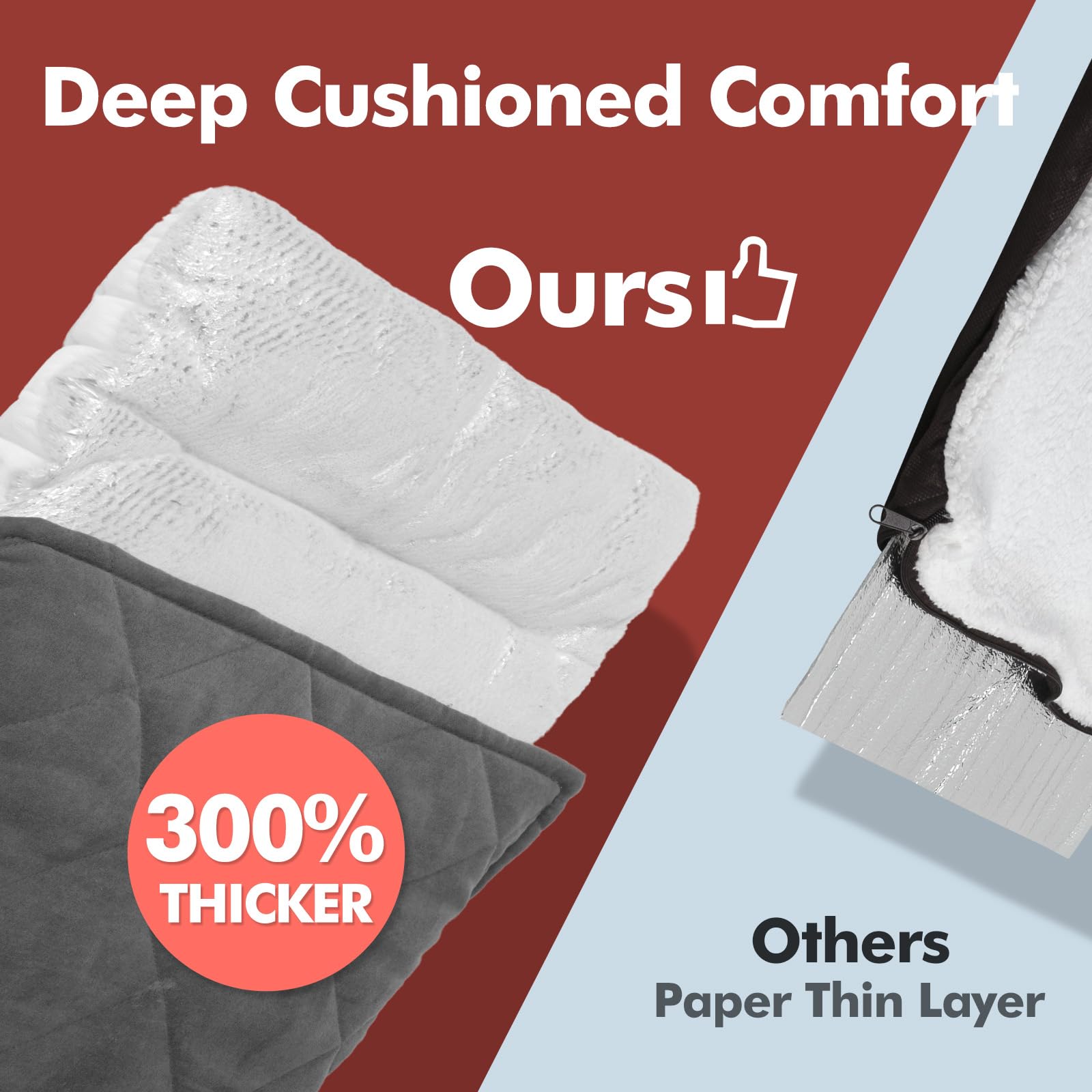 Mora Pets self-warming pad shown with thick stuffed layer for extra comfort.