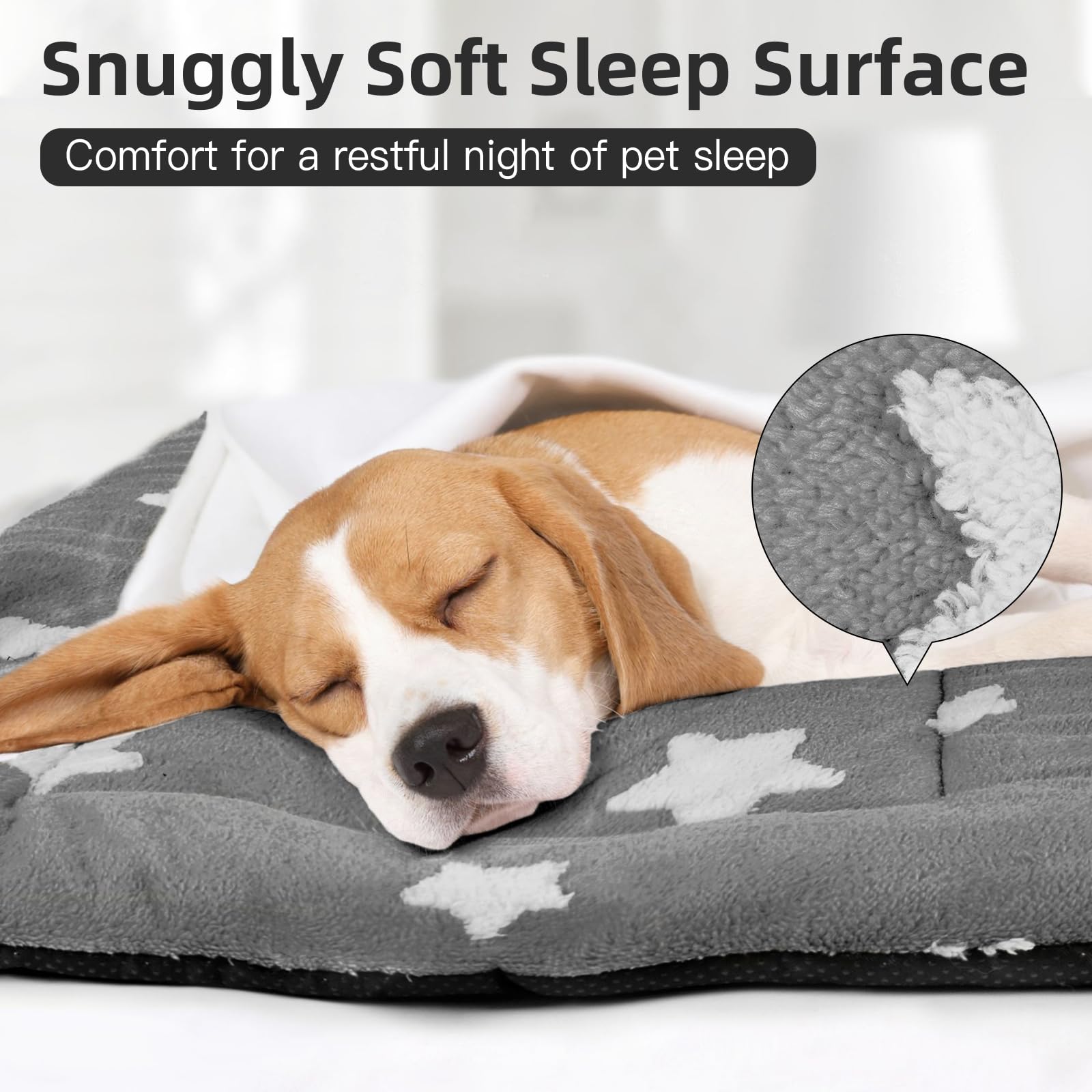 Mora Pets star-grey crate pad close-up shows soft fabric and inviting comfort.