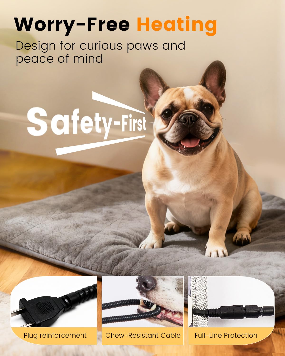 Mora Pets waterproof heating sheet protects from spills and enables cleaning.