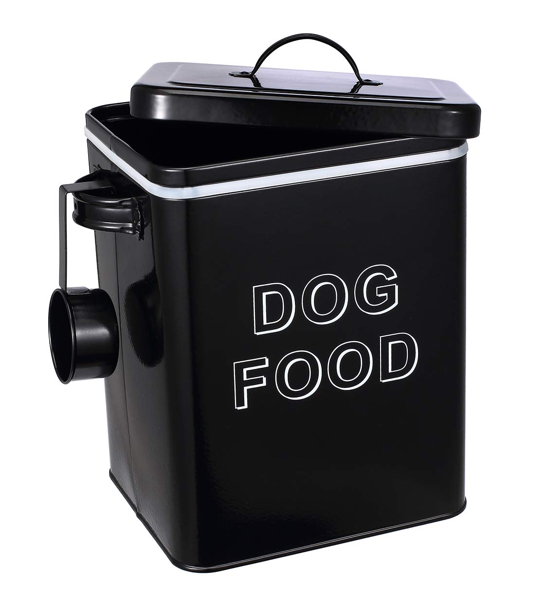 Morezi dog food storage tin with lid and scoop on counter keeps kibble fresh and accessible.