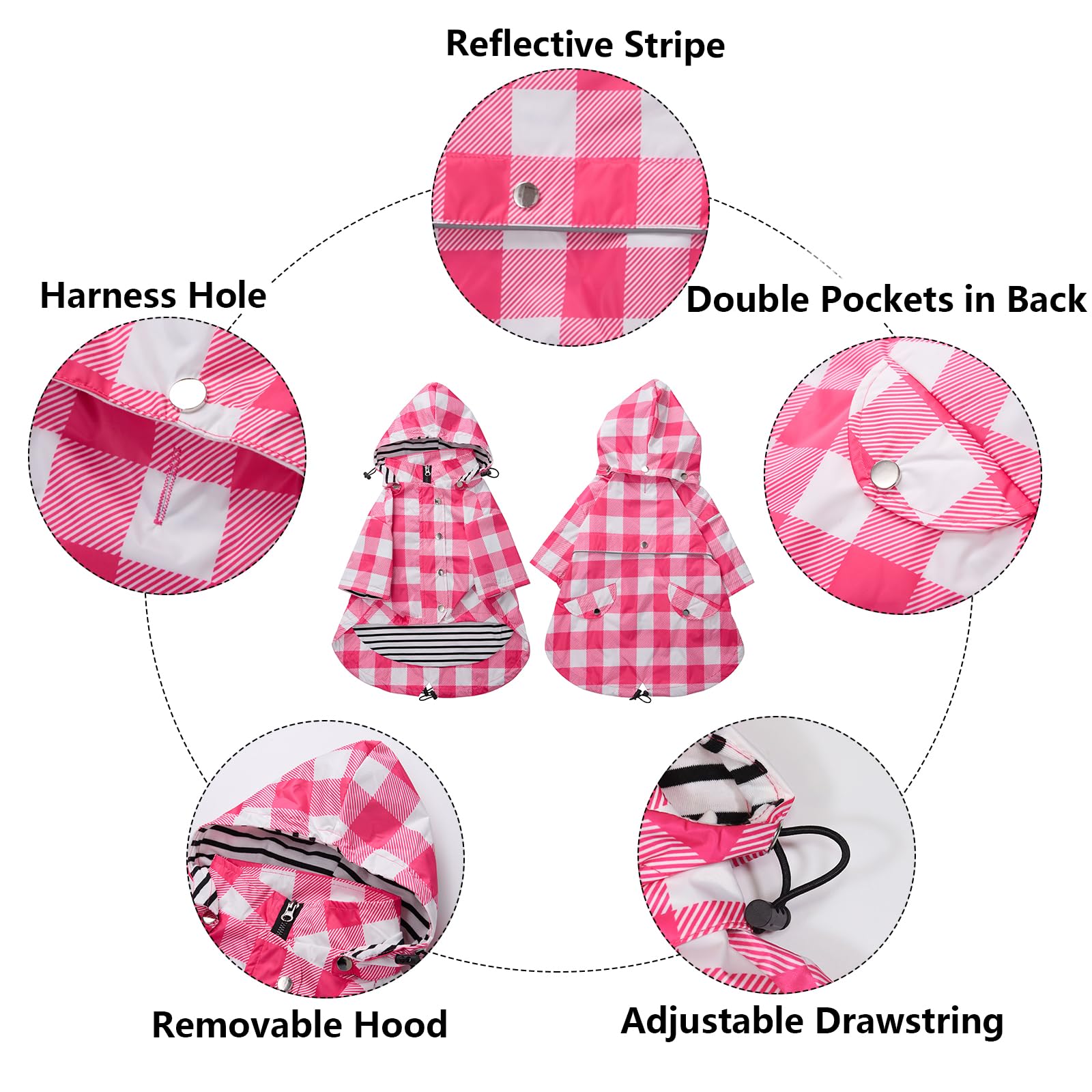 Morezi dog rain coat shows harness hole and back pocket