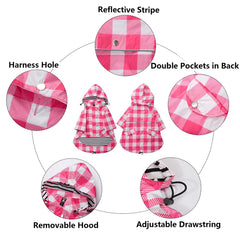 Morezi dog rain coat shows harness hole and back pocket