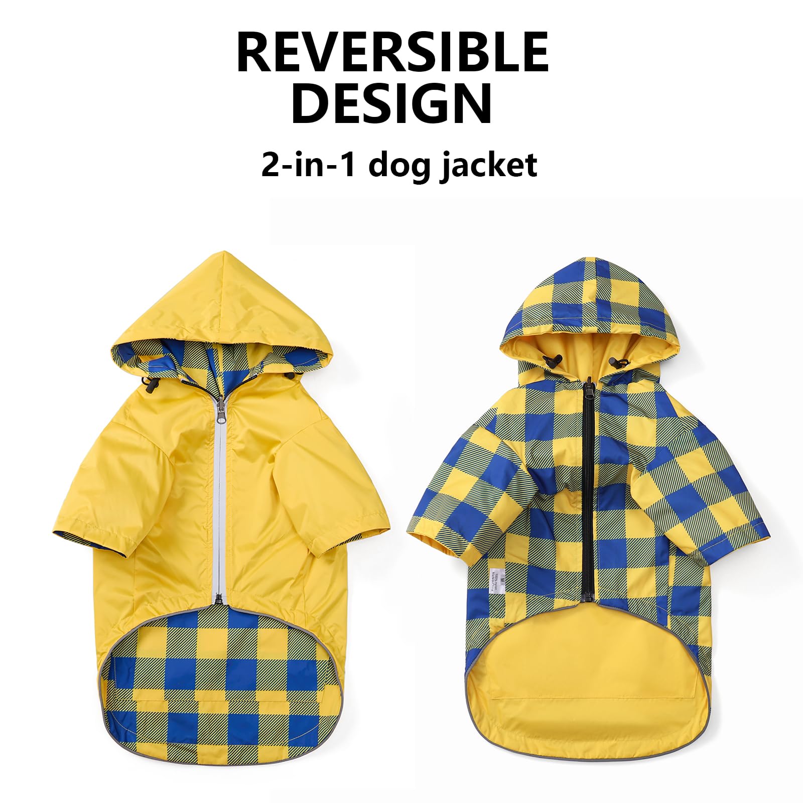 Morezi dog raincoat side view with harness hole and back pocket.