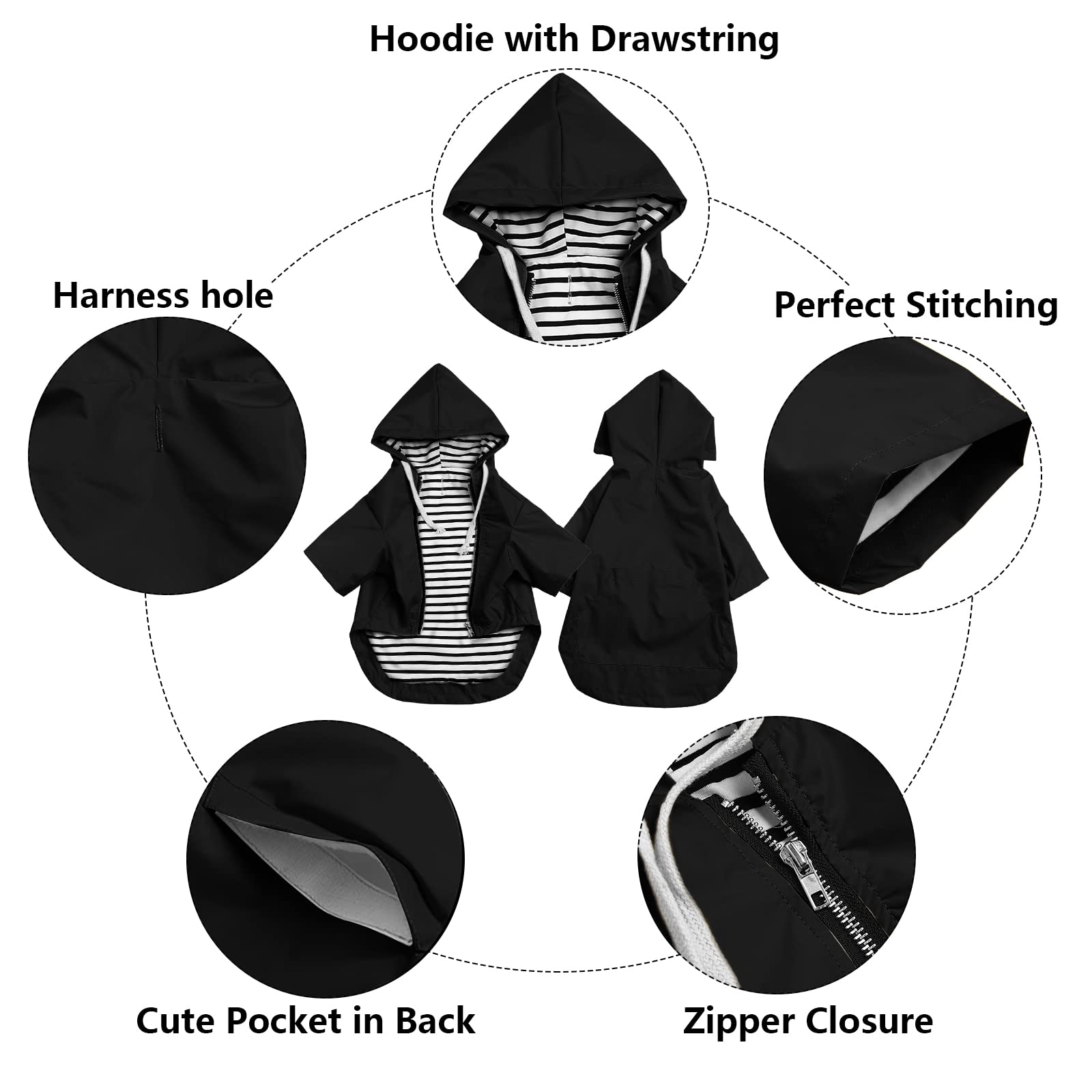 Morezi dog raincoat harness hole highlights compatibility with harness walks.