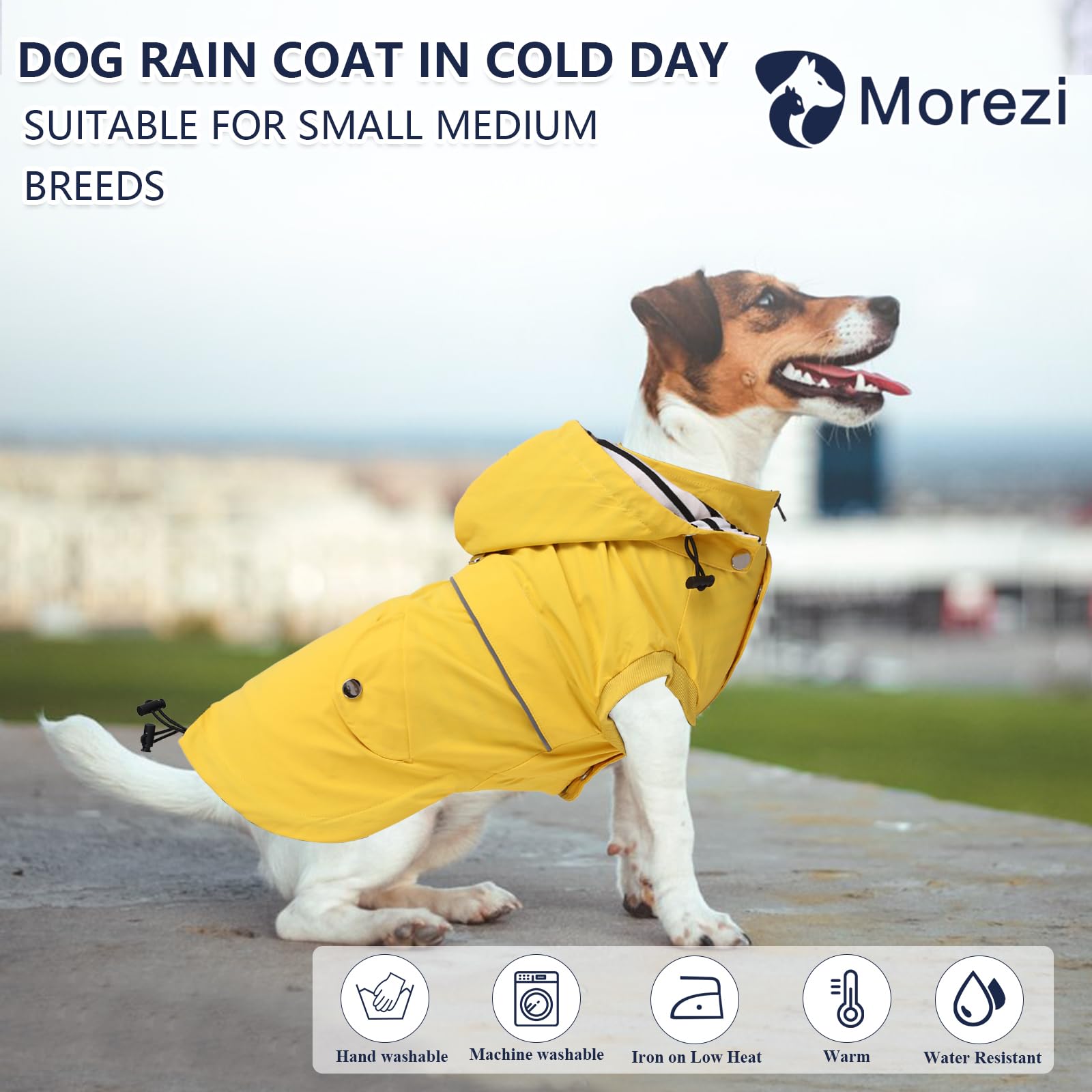 Morezi dog raincoat yellow back view shows rain protection from behind