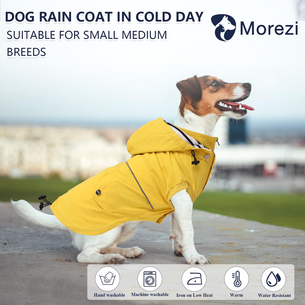 Morezi dog raincoat yellow back view shows rain protection from behind
