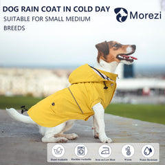 Morezi dog raincoat yellow back view shows rain protection from behind