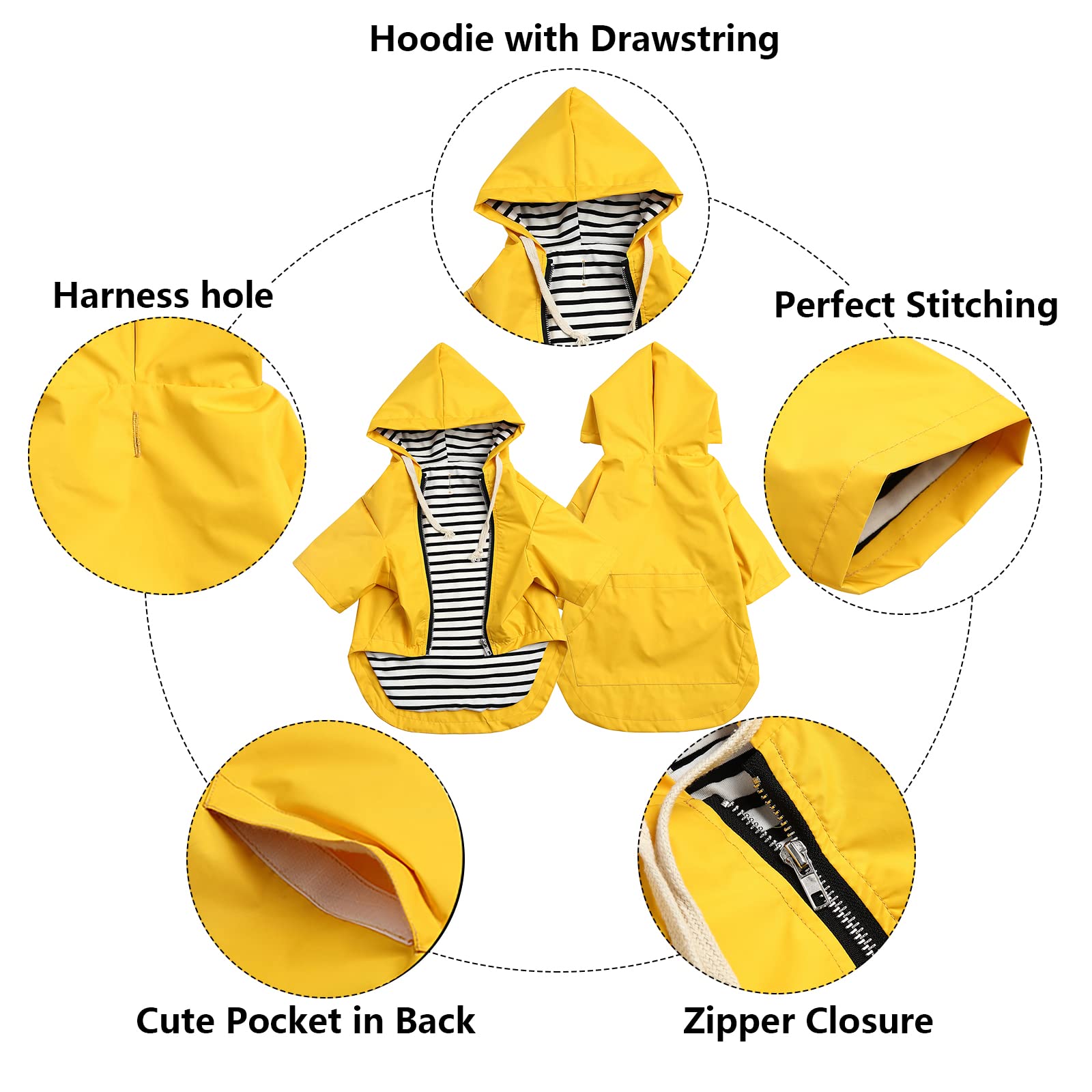 Morezi dog raincoat yellow harness-hole shows leash-friendly design on back