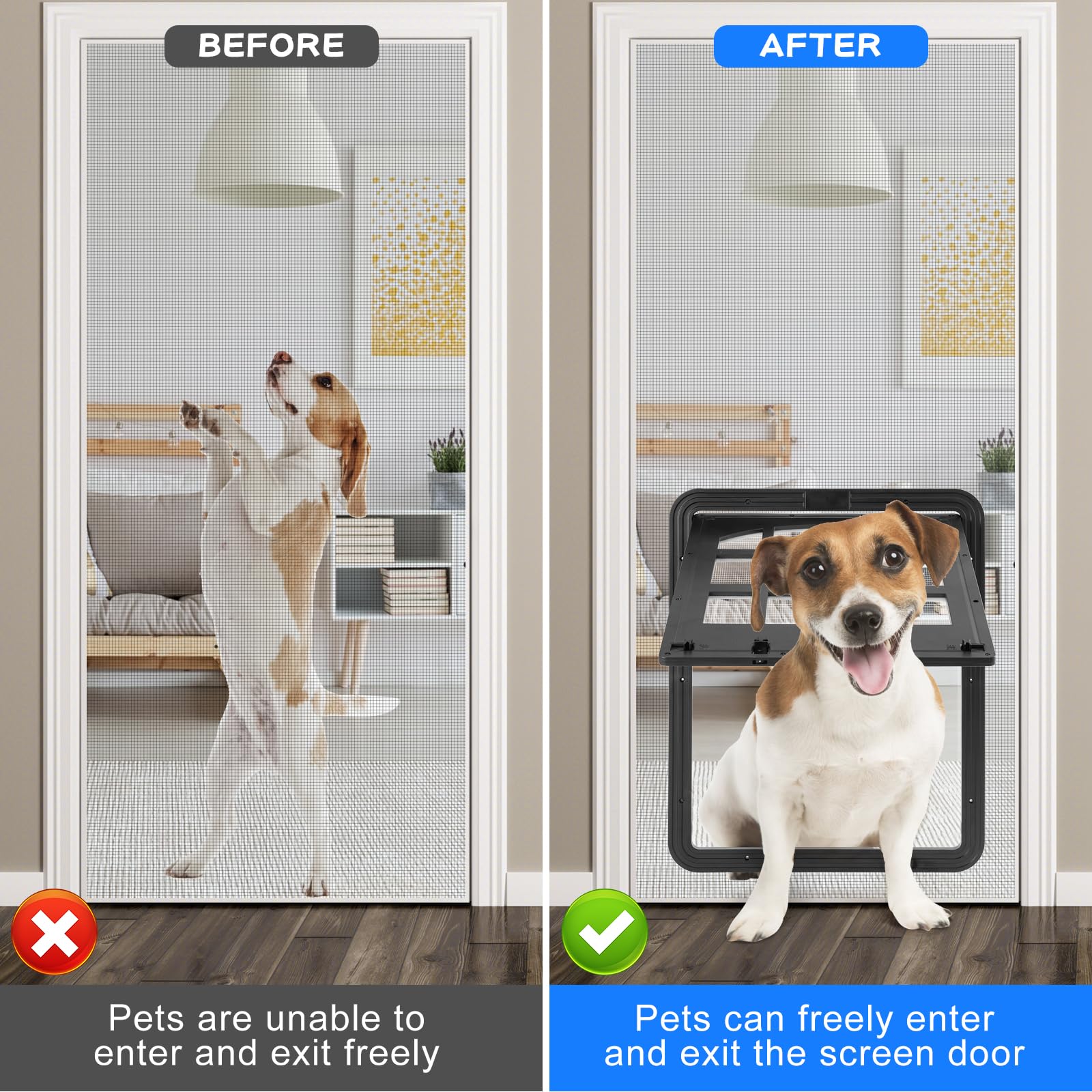 Morikey black dog screen door blends with home décor and screens.