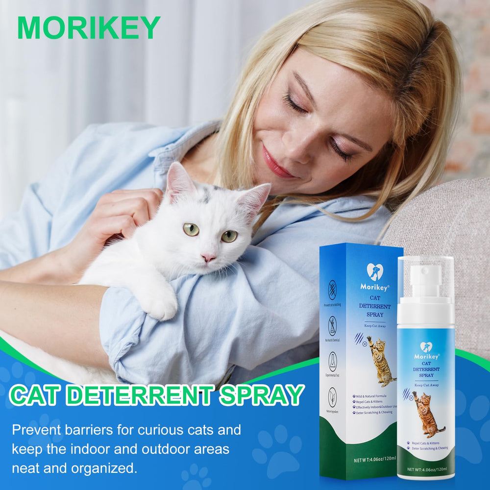 Morikey cat deterrent spray packaging highlights natural, alcohol-free formula