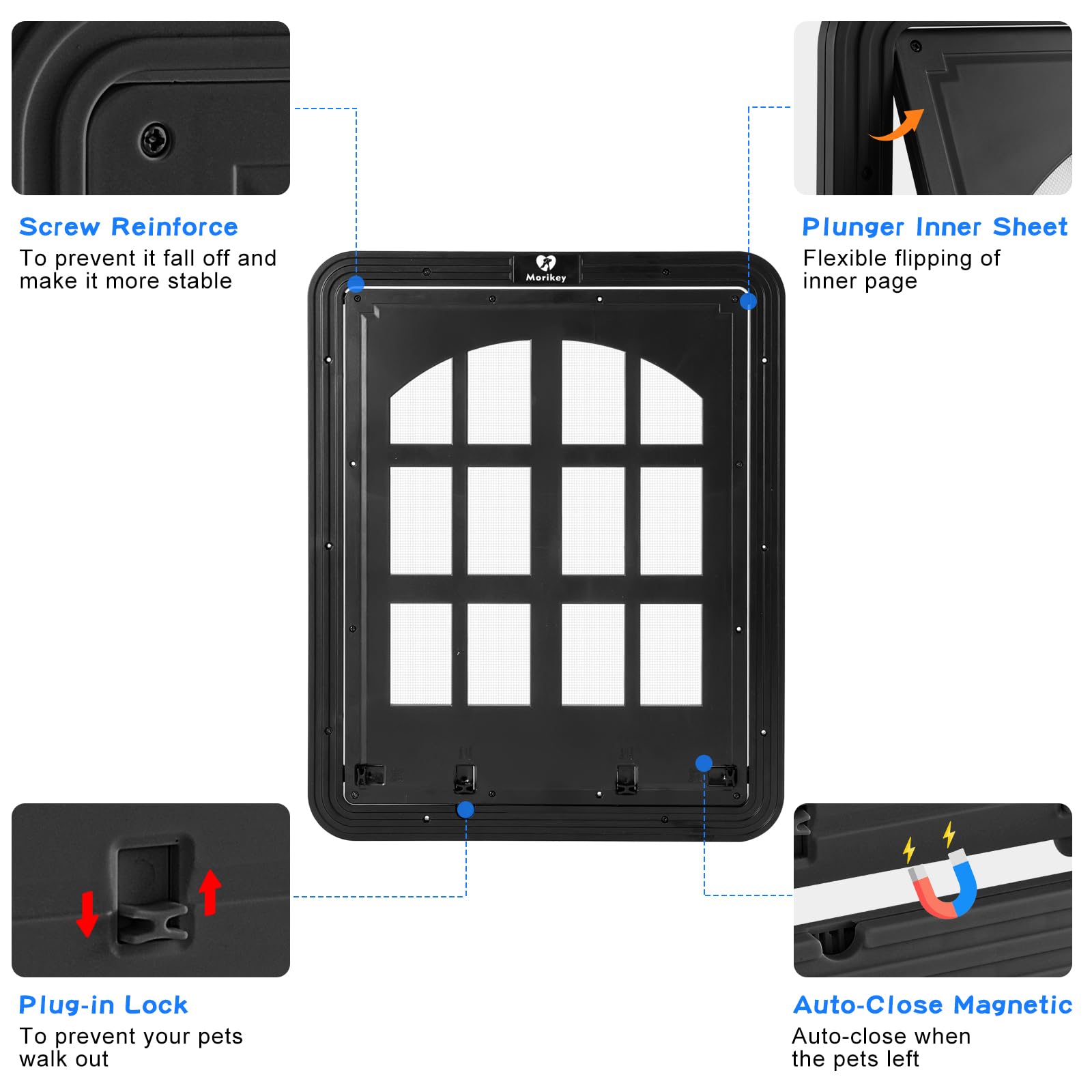 Morikey dog door in-screen-door frame demonstrates wide flap opening for large pets.