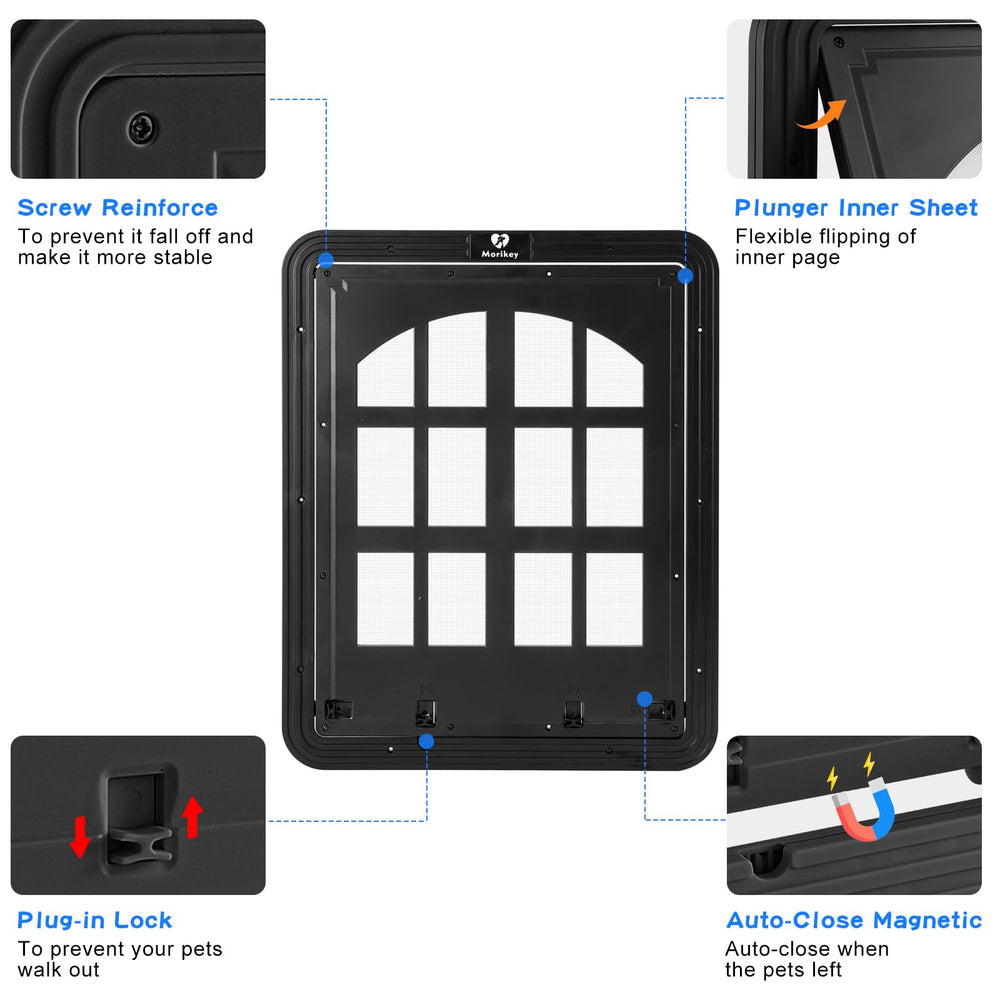 Morikey dog door in-screen-door frame demonstrates wide flap opening for large pets.
