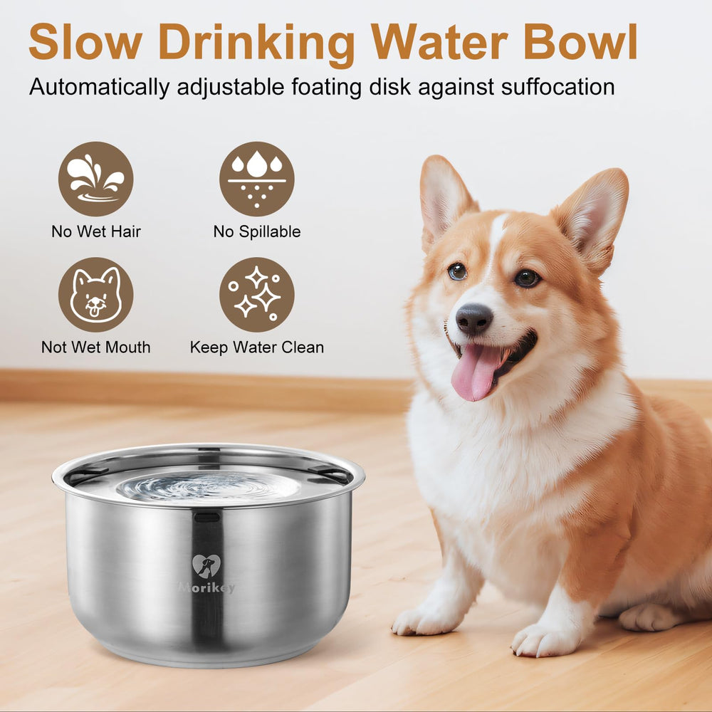 Morikey floating disk mechanism slows drinking to reduce splashes and fur mess.